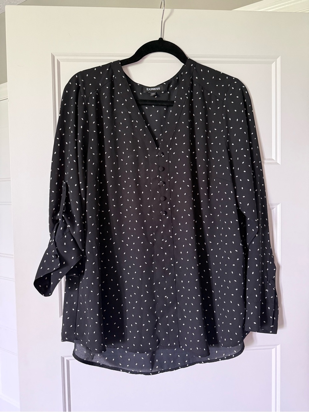 Express Black V-Neck Button-Front Blouse with White Dot Detail